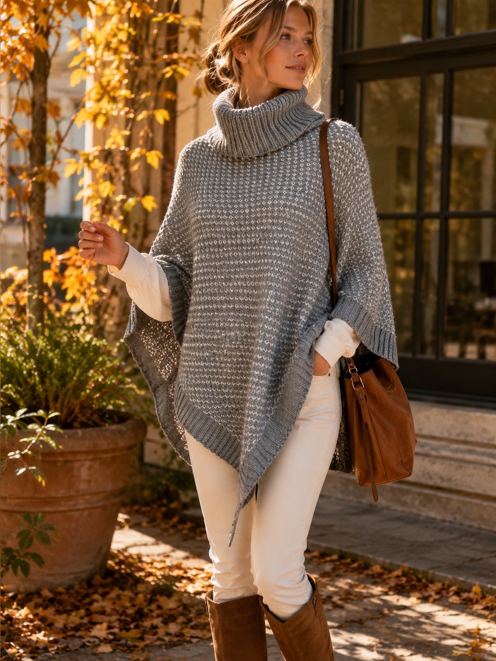 CALVIN KLEIN Sparkle Chunky Gray Metallic Cowl Neck Poncho, One Size